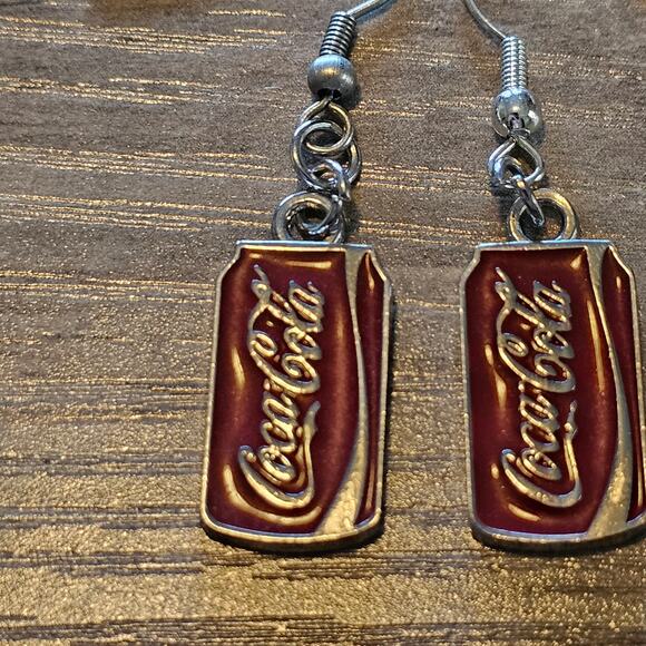 Coca Cola Soda Can Dangle Earrings Red & Silver - Picture 2 of 6
